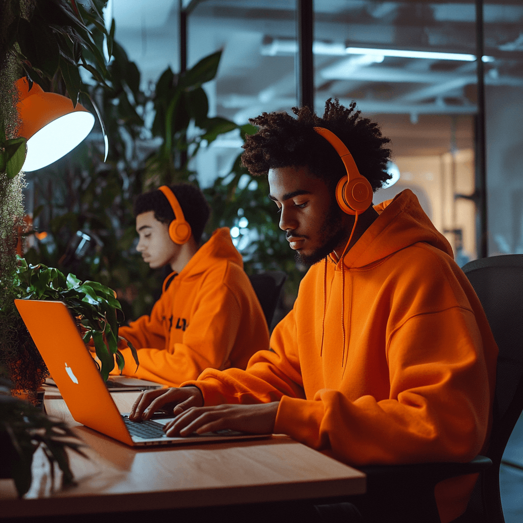 Two developers sitting at a desk and coding.