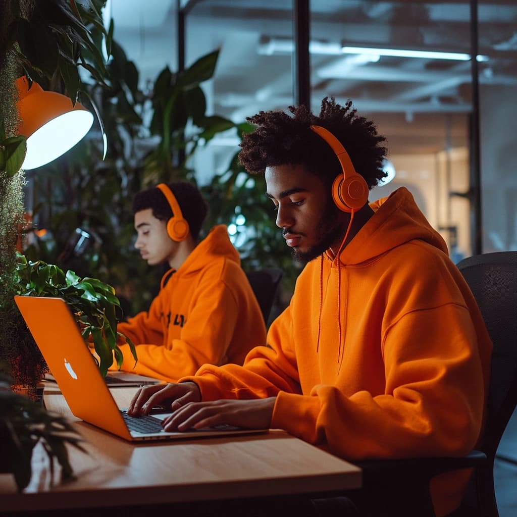 Two website developers sitting at a desk and coding.