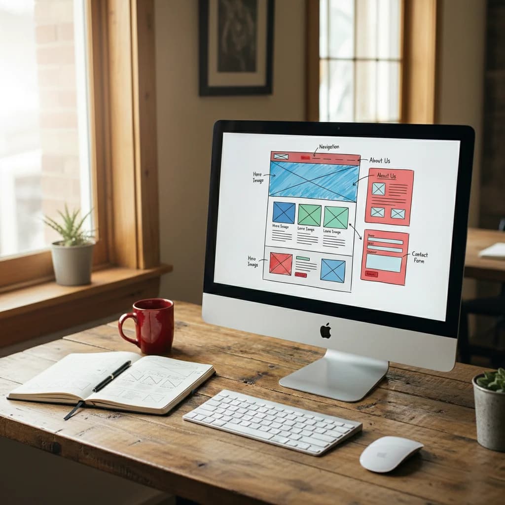Wireframe designs displayed on a Mac desktop monitor